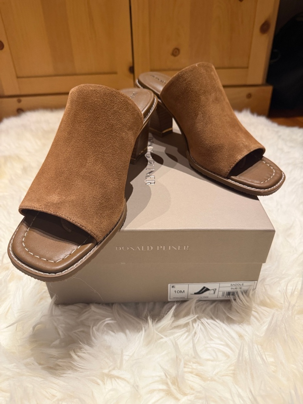 Donald J. Pliner Jaylyn Saddle Brown Suede Open-Toe Mule Heels 10M